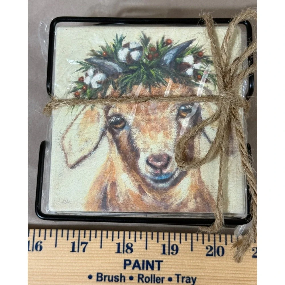 New Absorbent Farm Animal Stone Coaster‎ Set Of 4 With Holder